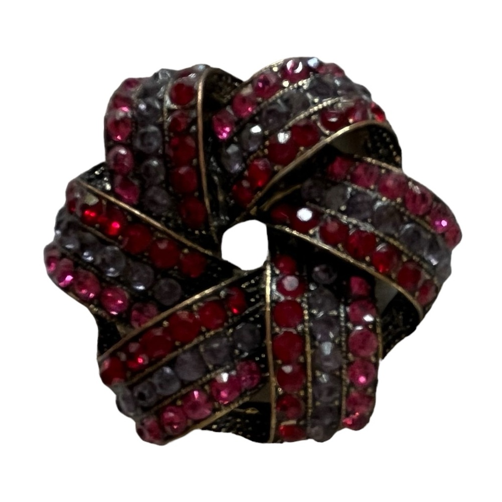 Monet Black/Red Rhinestone on Gold-Tone Background Round Brooch